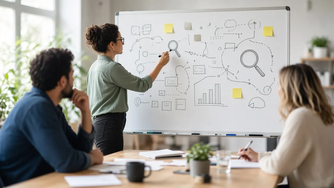 Team planning an SEO content strategy at a whiteboard